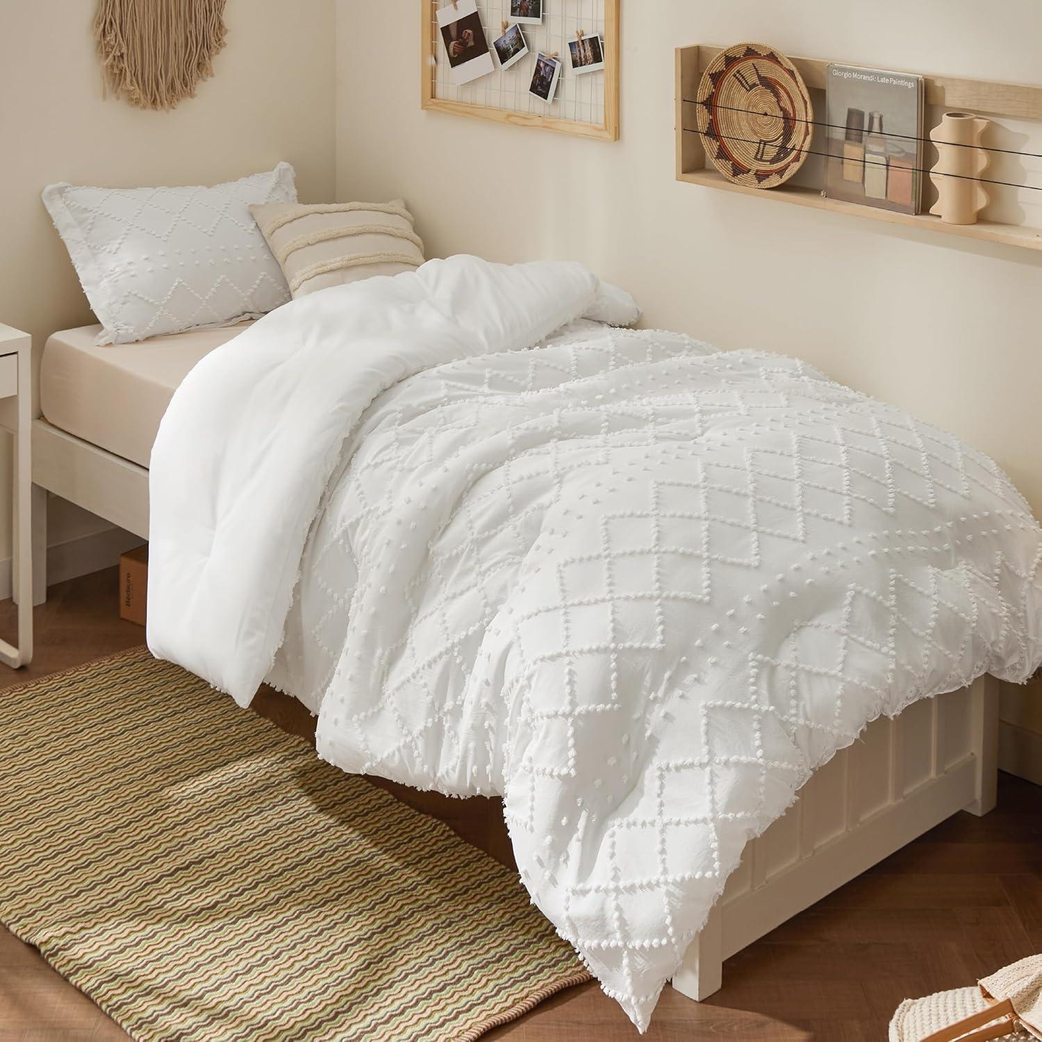 imageBedsure Twin XL Comforter Set  White Comforter Boho Tufted Shabby Chic Bedding for Kids 2 Pieces Vintage Farmhouse Bed Set for All Seasons Fluffy Soft Bedding with 1 Pillow Sham01  White