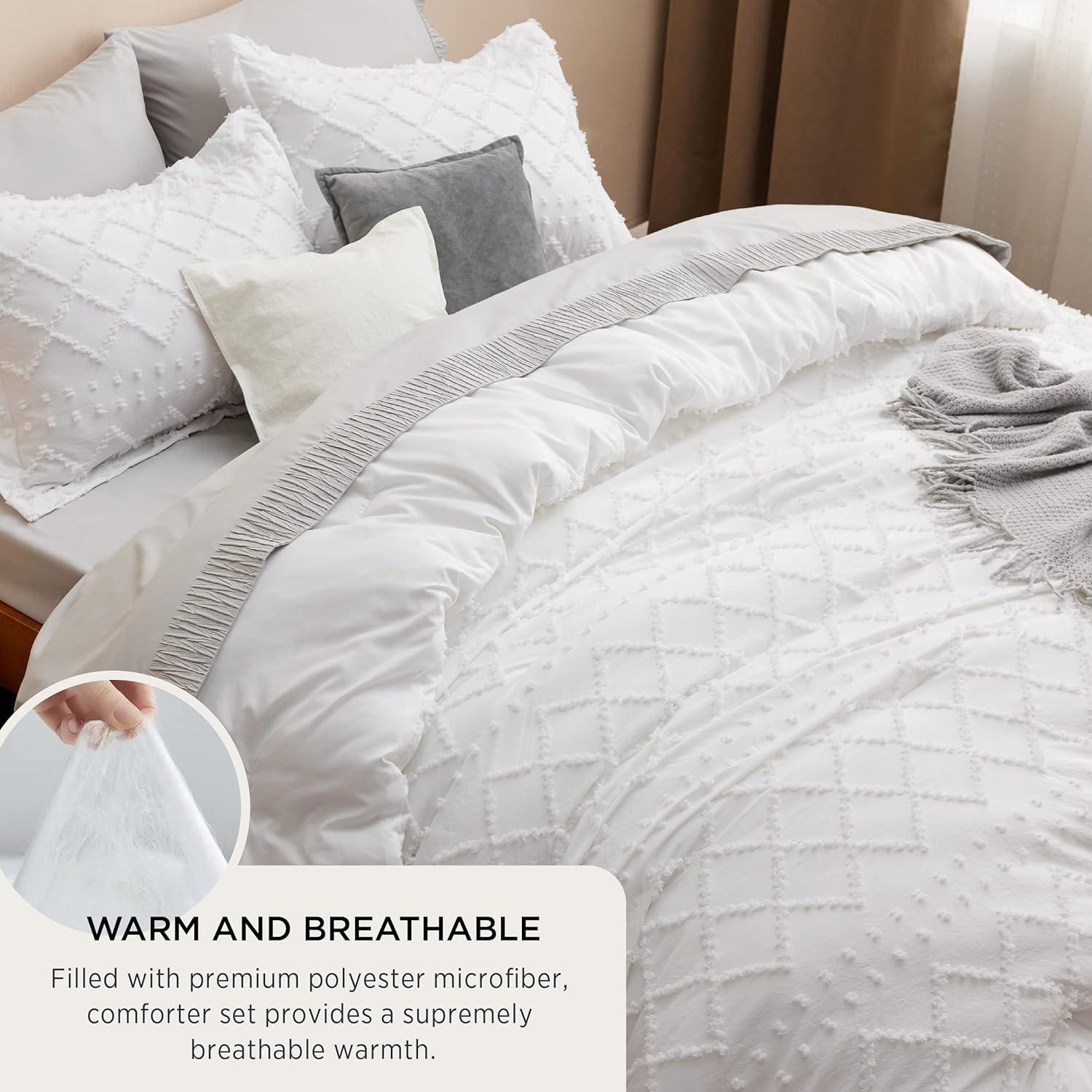 imageBedsure Twin XL Comforter Set  White Comforter Boho Tufted Shabby Chic Bedding for Kids 2 Pieces Vintage Farmhouse Bed Set for All Seasons Fluffy Soft Bedding with 1 Pillow Sham01  White