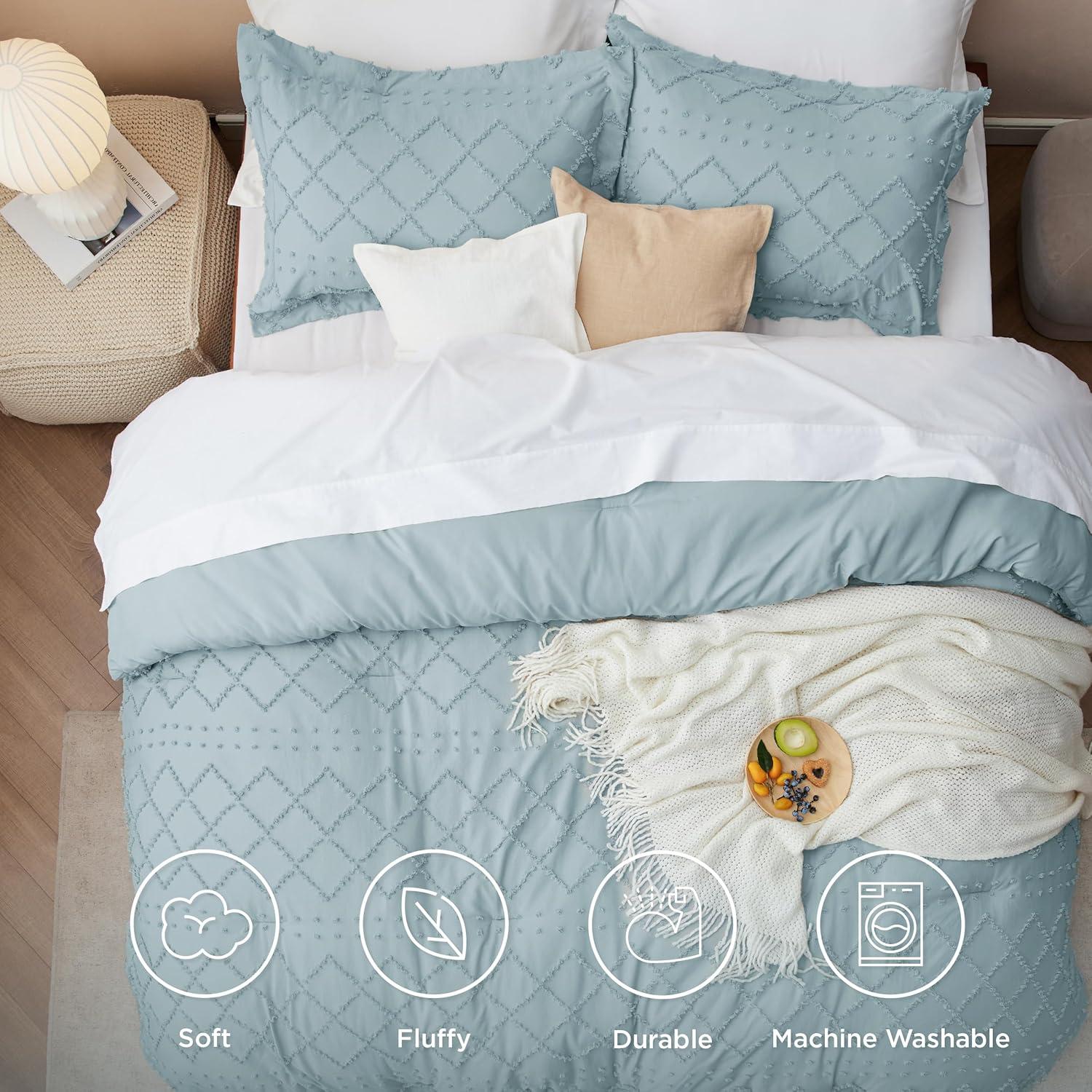 imageBedsure Twin XL Comforter Set  White Comforter Boho Tufted Shabby Chic Bedding for Kids 2 Pieces Vintage Farmhouse Bed Set for All Seasons Fluffy Soft Bedding with 1 Pillow Sham12  Dusty Blue