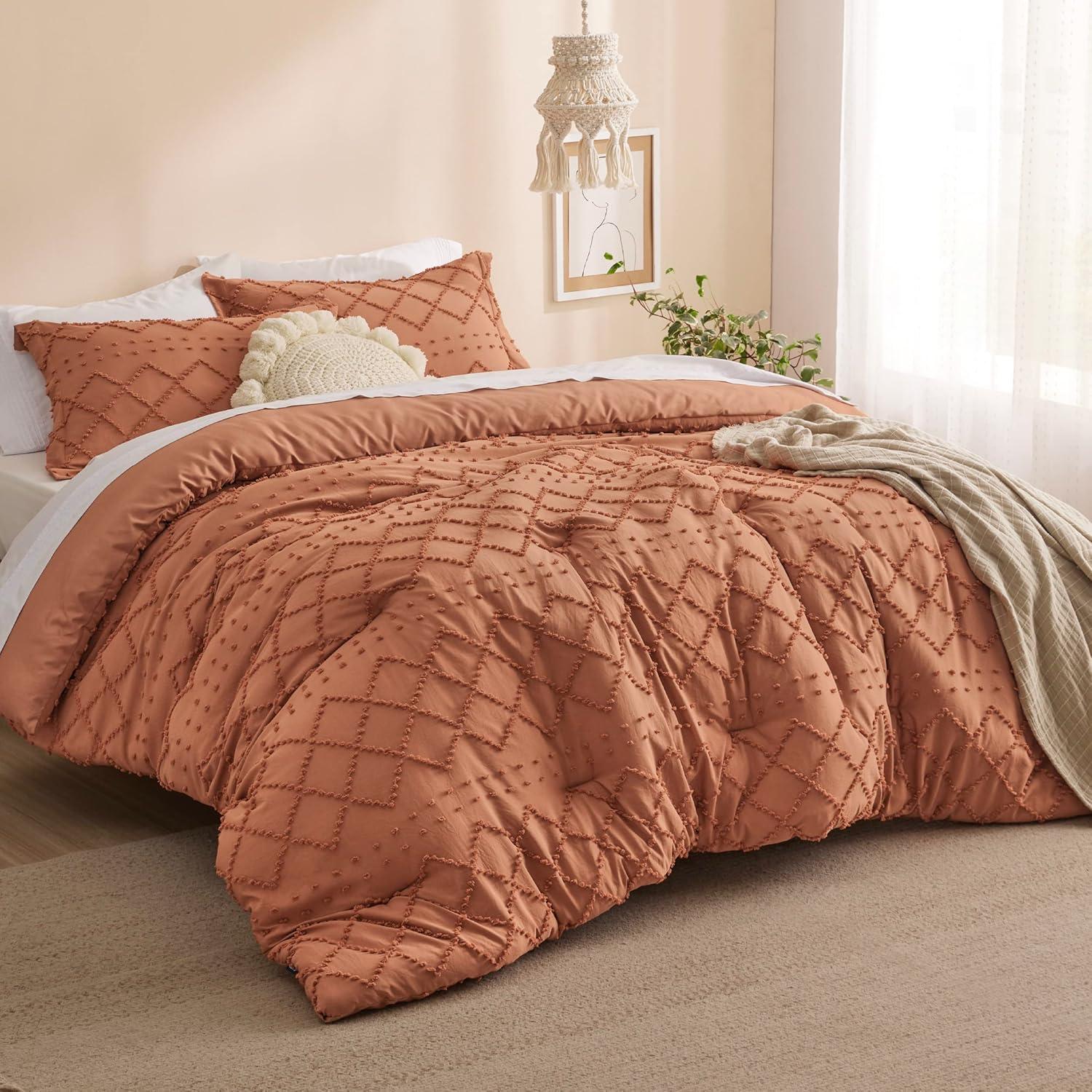 imageBedsure Twin XL Comforter Set  White Comforter Boho Tufted Shabby Chic Bedding for Kids 2 Pieces Vintage Farmhouse Bed Set for All Seasons Fluffy Soft Bedding with 1 Pillow Sham20  Pumpkin