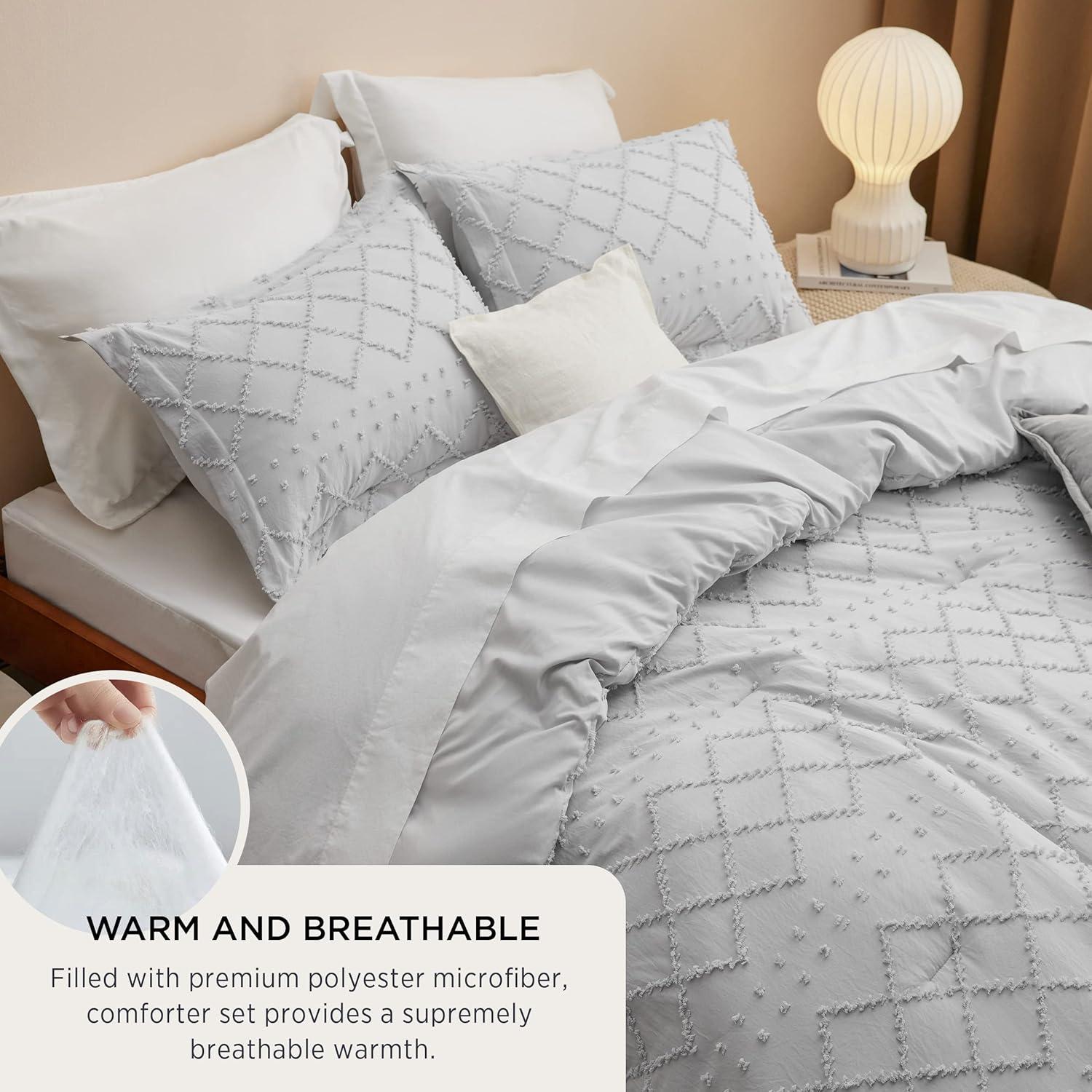 imageBedsure Twin XL Comforter Set  White Comforter Boho Tufted Shabby Chic Bedding for Kids 2 Pieces Vintage Farmhouse Bed Set for All Seasons Fluffy Soft Bedding with 1 Pillow Sham04  Light Grey