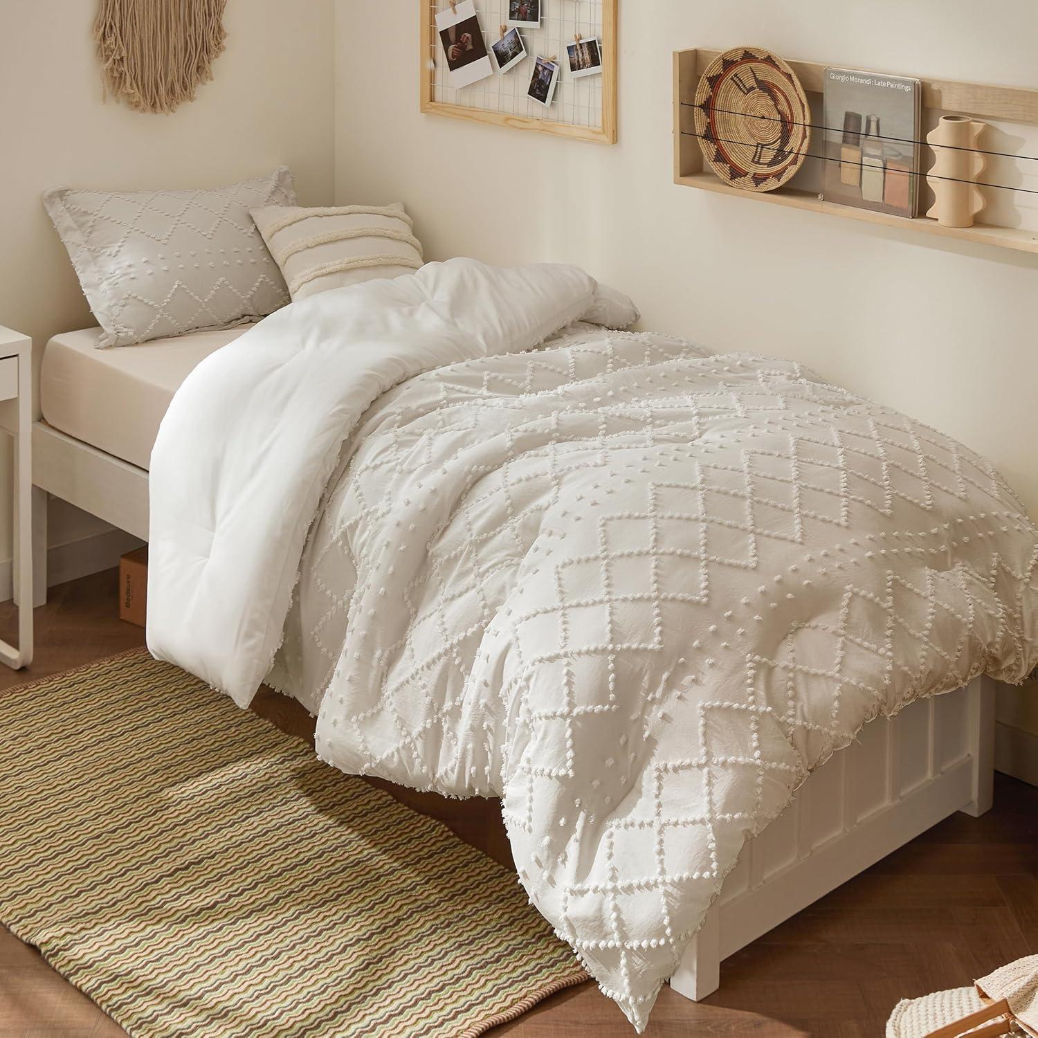 imageBedsure Twin XL Comforter Set  White Comforter Boho Tufted Shabby Chic Bedding for Kids 2 Pieces Vintage Farmhouse Bed Set for All Seasons Fluffy Soft Bedding with 1 Pillow Sham02  Beige