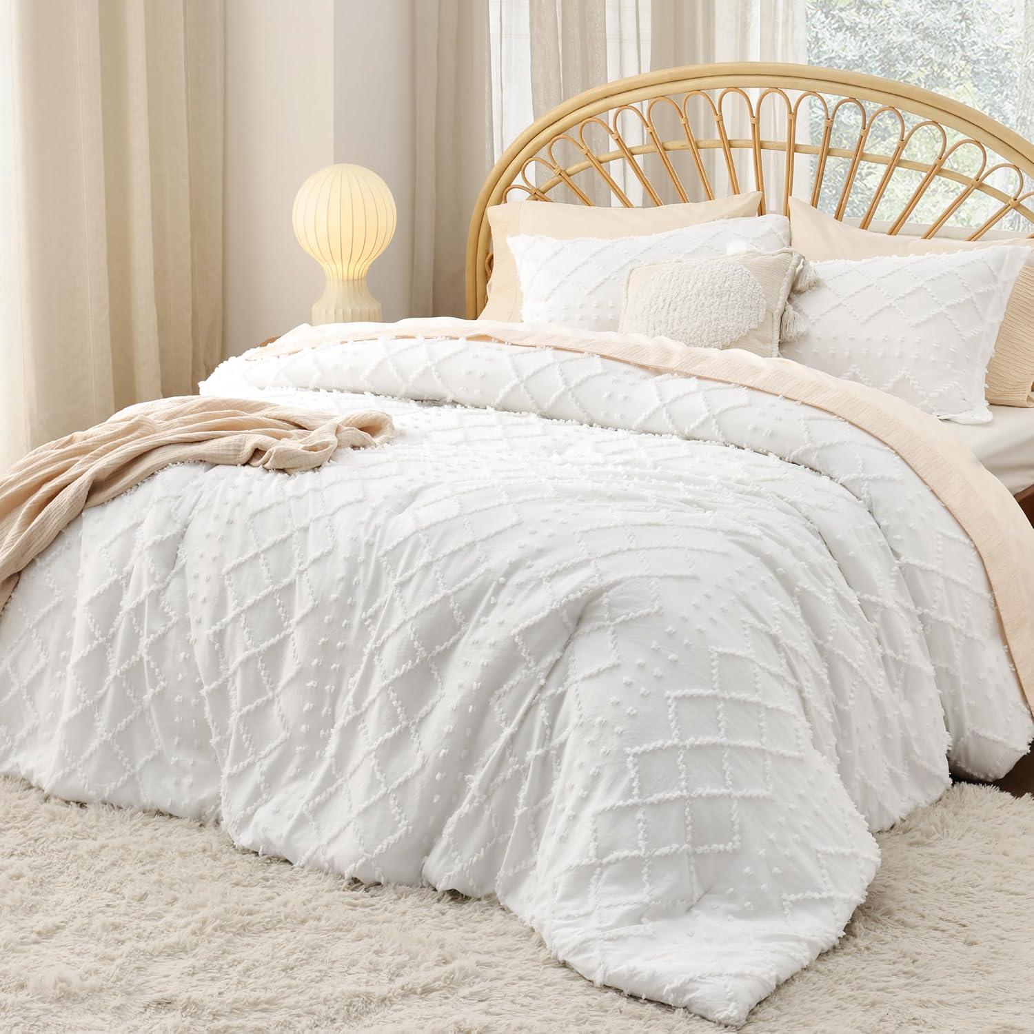 imageBedsure Twin XL Comforter Set  White Comforter Boho Tufted Shabby Chic Bedding for Kids 2 Pieces Vintage Farmhouse Bed Set for All Seasons Fluffy Soft Bedding with 1 Pillow Sham01  White