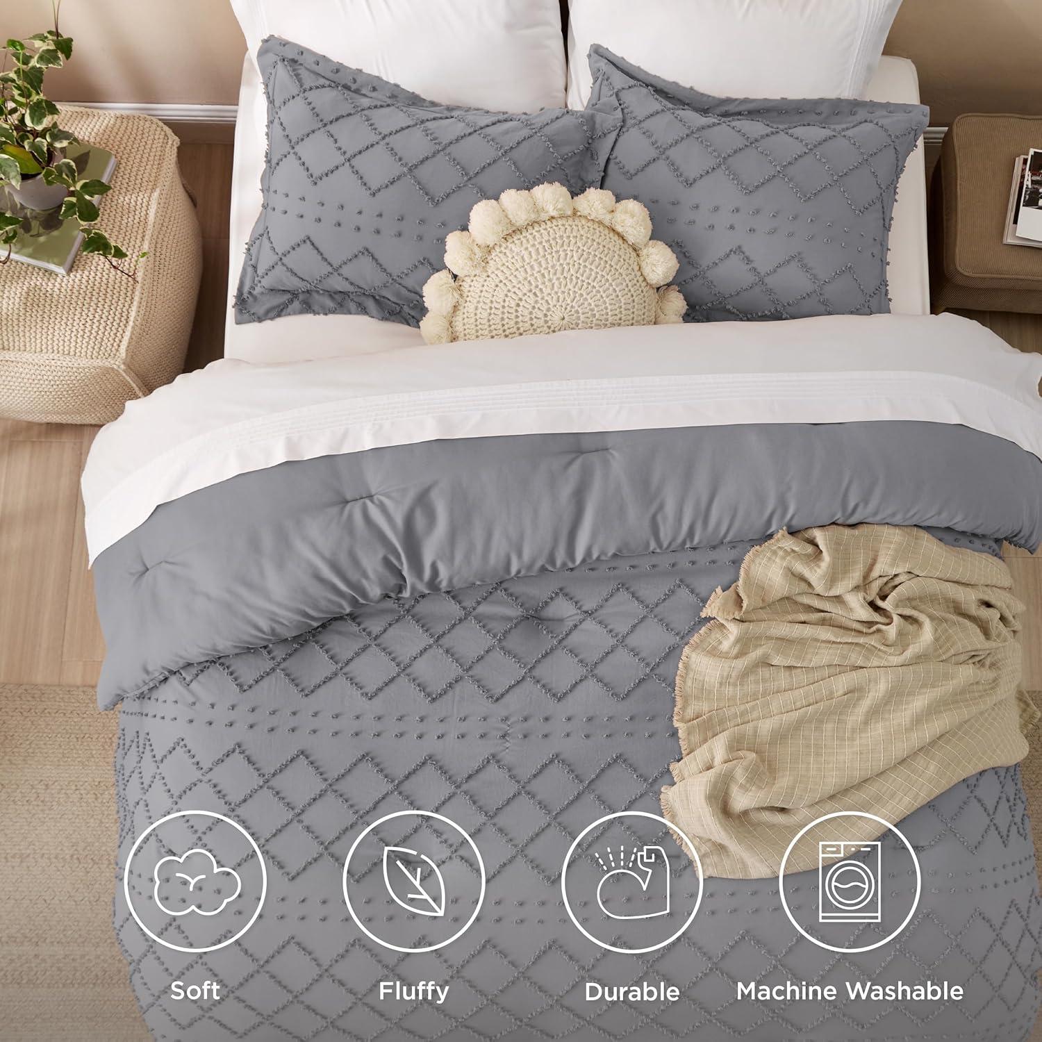 imageBedsure Twin XL Comforter Set  White Comforter Boho Tufted Shabby Chic Bedding for Kids 2 Pieces Vintage Farmhouse Bed Set for All Seasons Fluffy Soft Bedding with 1 Pillow Sham08  Grey