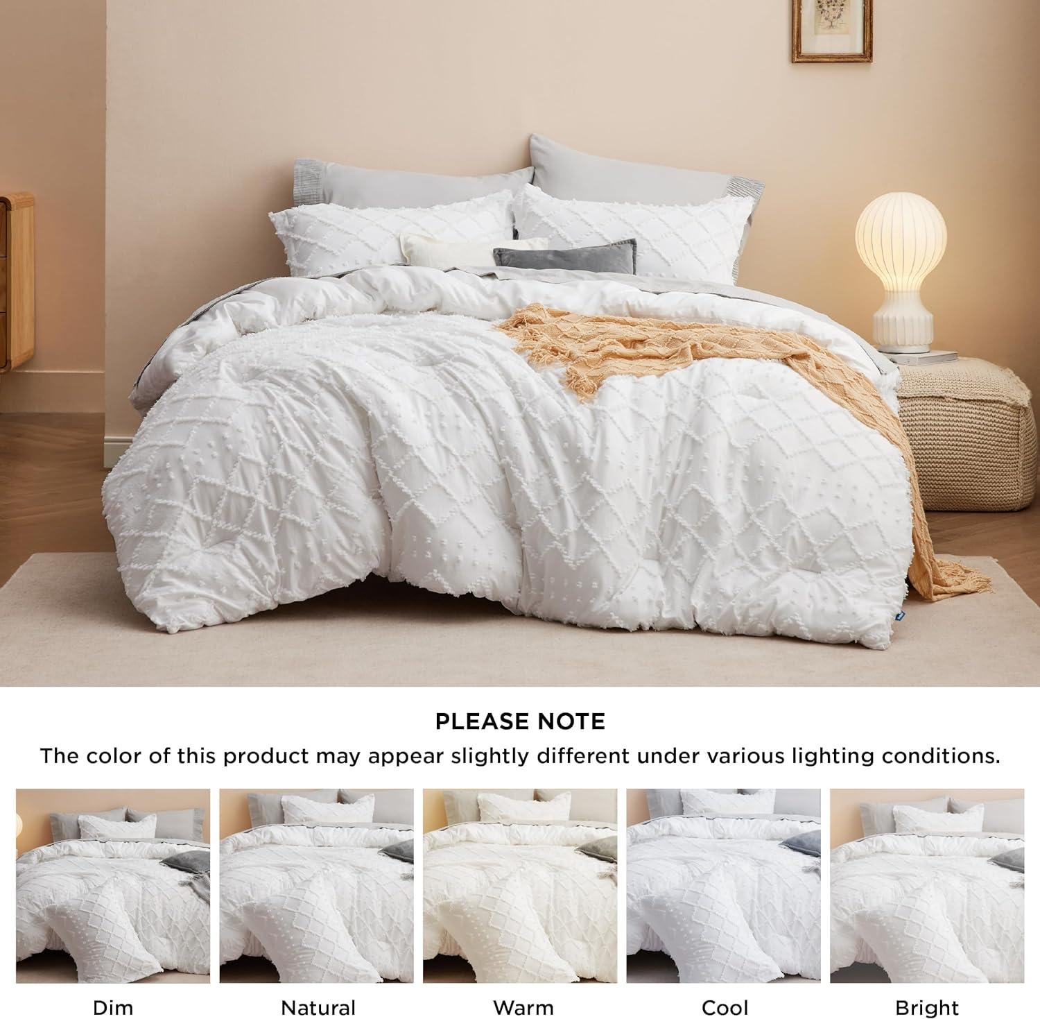 imageBedsure Twin XL Comforter Set  White Comforter Boho Tufted Shabby Chic Bedding for Kids 2 Pieces Vintage Farmhouse Bed Set for All Seasons Fluffy Soft Bedding with 1 Pillow Sham01  White