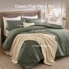 imageBedsure 5 PCS Cotton Comforter Set with Waffle Throw Blanket  Breathable Bedding Set for All Seasons Olive Green Queen Comforter Pillow Shams Beige 100 Cotton Blanket Throw Pillow02  Grayish Olive Green  Cotton