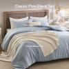imageBedsure 5 PCS Cotton Comforter Set with Waffle Throw Blanket  Breathable Bedding Set for All Seasons Olive Green Queen Comforter Pillow Shams Beige 100 Cotton Blanket Throw Pillow04  Blue  Cotton