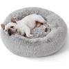 imageBedsure Calming Cat Beds for Indoor Cats  Small Cat Bed Washable 20 inches AntiSlip Round Fluffy Plush Faux Fur Pet Bed Fits up to 15 lbs Pets Aqua BluePale Grey
