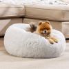 imageBedsure Calming Cat Beds for Indoor Cats  Small Cat Bed Washable 20 inches AntiSlip Round Fluffy Plush Faux Fur Pet Bed Fits up to 15 lbs Pets Aqua BlueFrost Grey