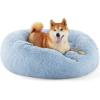 imageBedsure Calming Cat Beds for Indoor Cats  Small Cat Bed Washable 20 inches AntiSlip Round Fluffy Plush Faux Fur Pet Bed Fits up to 15 lbs Pets Aqua BlueLight Blue