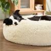 imageBedsure Calming Cat Beds for Indoor Cats  Small Cat Bed Washable 20 inches AntiSlip Round Fluffy Plush Faux Fur Pet Bed Fits up to 15 lbs Pets Aqua BlueIvory Beige