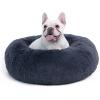 imageBedsure Calming Cat Beds for Indoor Cats  Small Cat Bed Washable 20 inches AntiSlip Round Fluffy Plush Faux Fur Pet Bed Fits up to 15 lbs Pets Aqua BlueDark Grey