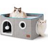 imageBedsure Cat Beds for Indoor Cats  Large Cat Cave for Pet Cat House with Fluffy Ball Hanging and Scratch Pad Foldable Cat Hideaway 165x165x13 inches Loden GreenGrey
