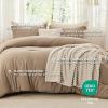 imageBedsure Comforter Queen Size 5 Pieces  Queen Size Comforter Set with Checkered Throw Blanket and Decorative Pillow Lightweiget Bedding All Season Bedding Sets Linen Beige02  Khaki Striped