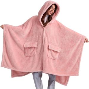 imageBedsure Blanket Poncho for Women Hooded Wearable Fleece Blanket for Adult Winter Poncho Shawl Wrap Cape as Gifts for Mom01  Pink