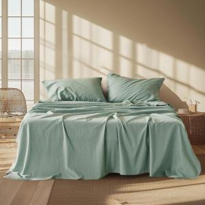 imageBedsure Linen Sheets  Queen Size Bed Blend from Linen Cotton Bedsheets Breathable Cotton Bedsheets Gifts for All Seasons 4 Pieces Linen03  Green