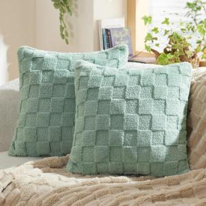 imageBedsure Throw Pillow Covers  Pack of 2 18x18 Pillow Cover Soft Cozy Fluffy Checkered Design Home Decor for Sofa Couch Bed White01sage Green
