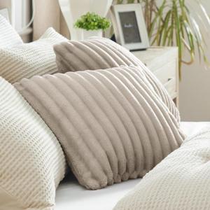 imageBedsure Throw Pillow Covers  Pack of 2 18x18 Pillow Cover Soft Cozy Fluffy Striped Design Home Decor for Sofa Couch Bed Linen08linen
