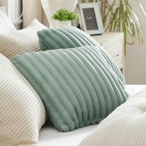 imageBedsure Throw Pillow Covers  Pack of 2 18x18 Pillow Cover Soft Cozy Fluffy Striped Design Home Decor for Sofa Couch Bed Linen14green