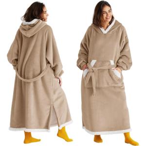 imageBedsure Wearable Blanket Hoodie Long Hooded Blanket Sweatshirt as Birthday Gifts for Women Cozy Sherpa Hoodie for Adult Standard Dark PurpleBeige