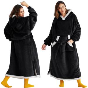 imageBedsure Wearable Blanket Hoodie Long Hooded Blanket Sweatshirt as Birthday Gifts for Women Cozy Sherpa Hoodie for Adult Standard Dark PurpleBlack