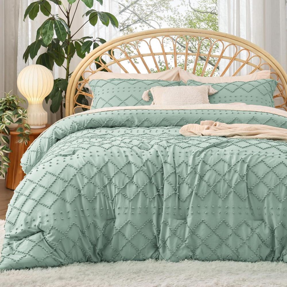 imageBedsure Twin XL Comforter Set  White Comforter Boho Tufted Shabby Chic Bedding for Kids 2 Pieces Vintage Farmhouse Bed Set for All Seasons Fluffy Soft Bedding with 1 Pillow Sham19  Sage Green