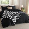 imageBedsure Queen Comforter Set with Checkered Throw Blanket for Couch  4 Pieces 1 Beige Comforter Queen Size 2 Pillow Shams 1 Checkered Blanket Super Soft Lightweight ampamp Fluffy for Bed ampamp Sofa04  Black
