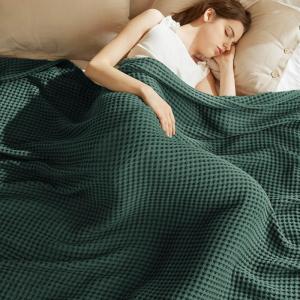 imageBedsure 100 Cotton Blanket Queen Size for Summer Ultra Soft Waffle Weave Queen Blanket for Bed Lightweight Thin Woven Breathable Bedding Gifts for Women Men Kids Dark Green 90quot x 90quotDark Green