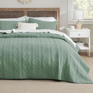 imageBedsure 100 Cotton Quilt Set  Queen Size Bedspread Lightweight Soft Bed Coverlet 3Piece Cozy Stitching Quilt Set with 2 Pillow Shams in Geometric Pattern Gift for Grandma 90x96 inches White06  Sage Green  Tribal Geometry