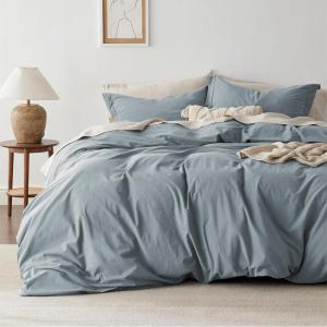 imageBedsure 100 Washed Cotton Duvet Cover Queen Size  Khaki Minimalist Cotton Duvet Cover Linen Like for All Seasons  GentleSoft Plain Simple Bedding Khaki Queen 90quotx90quot17  Dusty Blue No Comforter