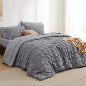 imageBedsure Bed in a Bag Queen  7 Pieces Plaid Seersucker Bedding Comforter Sets Soft Lightweight White Boho Bed Set with Comforters Queen Size Sheets Pillowcases ampamp Shams05  Gery