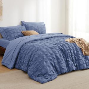 imageBedsure Bed in a Bag Queen  7 Pieces Plaid Seersucker Bedding Comforter Sets Soft Lightweight White Boho Bed Set with Comforters Queen Size Sheets Pillowcases ampamp Shams08  Blue