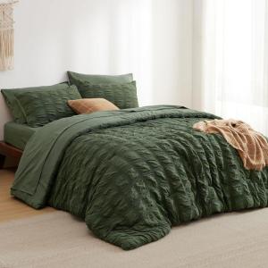 imageBedsure Bed in a Bag Queen  7 Pieces Plaid Seersucker Bedding Comforter Sets Soft Lightweight White Boho Bed Set with Comforters Queen Size Sheets Pillowcases ampamp Shams06  Olive Green