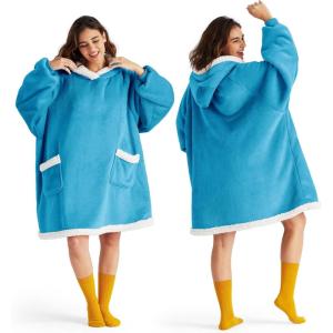 imageBedsure Blanket Hoodie Wearable Blanket for Adults ampamp Kids as Gifts for Women Men Birthday Gifts for Women Mom Girl Sherpa Oversized Hoodie Grey StandardAqua Blue