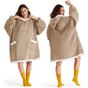 imageBedsure Blanket Hoodie Wearable Blanket for Adults ampamp Kids as Gifts for Women Men Birthday Gifts for Women Mom Girl Sherpa Oversized Hoodie Grey StandardGold Brown