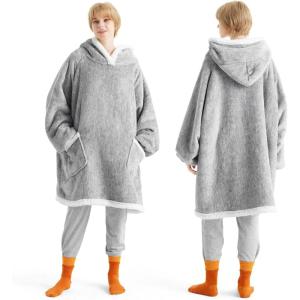 imageBedsure Blanket Hoodie Wearable Blanket for Adults ampamp Kids as Gifts for Women Men Birthday Gifts for Women Mom Girl Sherpa Oversized Hoodie Grey StandardConcrete Grey