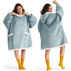 imageBedsure Blanket Hoodie Wearable Blanket for Adults ampamp Kids as Gifts for Women Men Birthday Gifts for Women Mom Girl Sherpa Oversized Hoodie Grey StandardLight Green