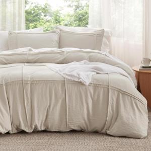 imageBedsure Boho Duvet Cover Queen Size  Grey Breathable ampamp Soft Boho Bedding Machine Washable Comforter Cover for All Seasons Includes 1 Duvet Cover 90quotx90quot with 2 Pillow Shams ampamp Zipper Closure00  Light Beige  Grid No Comforter