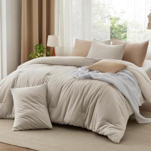 imageBedsure Comforter Set Queen Size Grayish Olive Green  Cotton Fabric with Microfiber Inner Fill Queen Comforter Set for All Seasons 3 Pieces 1 Comforter 90quotx90quot and 2 Pillow Cases 20quotx26quot03  Linen Color