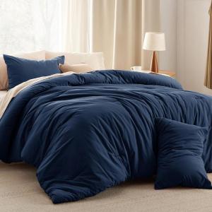imageBedsure Comforter Set Queen Size Grayish Olive Green  Cotton Fabric with Microfiber Inner Fill Queen Comforter Set for All Seasons 3 Pieces 1 Comforter 90quotx90quot and 2 Pillow Cases 20quotx26quot11  Navy