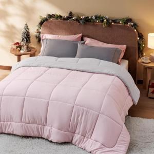 imageBedsure Comforters Queen Size Duvet Insert All Season Bed Comforter Quilted Down Alternative Duvet Box Stitched Comforter with Corner Tabs Machine Washable 88 x 88 Inches WhitePinkGrey