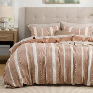 imageBedsure Cooling Duvet Cover Queen Size Cotton ampamp Rayon Derived from Bamboo Blend Duvet Cover Set for Hot Sleepers UltraSoft Breathable ampamp Lightweight Home Bedding for All Seasons White90quotx90quot19  Strip Terracotta No Comforter