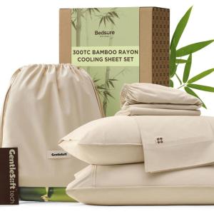 imageBedsure Cooling Sheets Rayon Derived from Bamboo ampamp Cotton Blend GentleSoft Breathable Queen Sheet Set Deep Pocket Up to 18 Inches Hotel Luxury Bedding for Hot Sleepers GreyBeige