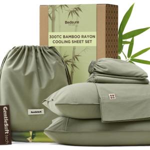 imageBedsure Cooling Sheets Rayon Derived from Bamboo ampamp Cotton Blend GentleSoft Breathable Queen Sheet Set Deep Pocket Up to 18 Inches Hotel Luxury Bedding for Hot Sleepers GreySage Green