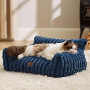 imageBedsure Cute Cat Couch for Pets  Fluffy Cat beds with Premium Soft Corduroy Fleece Fuzzy Cats beds for Indoor Cats with Removable Washable Cover Supportive Pet Sofa 24inch CreamNight Blue