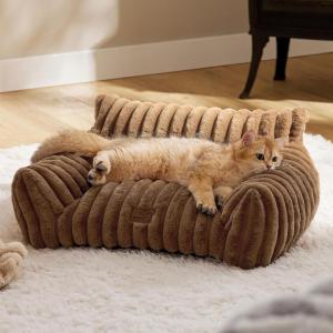 imageBedsure Cute Cat Couch for Pets  Fluffy Cat beds with Premium Soft Corduroy Fleece Fuzzy Cats beds for Indoor Cats with Removable Washable Cover Supportive Pet Sofa 24inch CreamCopper Brown