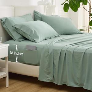 imageBedsure Deep Pocket Queen Sheets  6 Piece Prewashed UltraSoft Queen Sheet Set Fits Mattresses Up to 18 Inches Thick Breathable ampamp Secure Fit Hotel Luxury Bedding Sage GreenSage Green