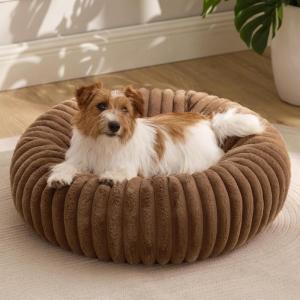 imageBedsure Donut Medium Dog Bed  Washable Faux Fur with Corduroy Fleece ampamp Anti Slip Bottom Round Pet Bed with Removable Cover Cream 30x30x8 inchesCopper Brown