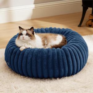 imageBedsure Donut Medium Dog Bed  Washable Faux Fur with Corduroy Fleece ampamp Anti Slip Bottom Round Pet Bed with Removable Cover Cream 30x30x8 inchesNight Blue