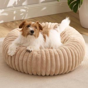 imageBedsure Donut Medium Dog Bed  Washable Faux Fur with Corduroy Fleece ampamp Anti Slip Bottom Round Pet Bed with Removable Cover Cream 30x30x8 inchesSandy Tan